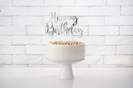 Topper na tort Happy Birthday srebrny 22,5cm