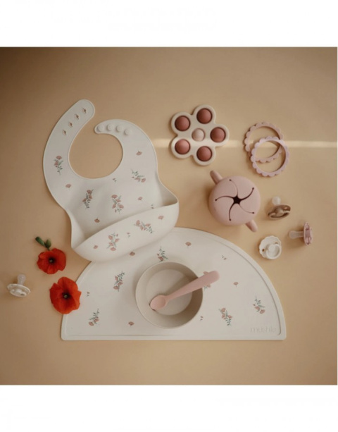 Mushie Śliniak Silikonowy z kieszonką Pink Flowers