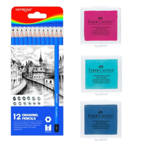 Zestaw ołówki do szkicowania + 3 gumki chlebowe