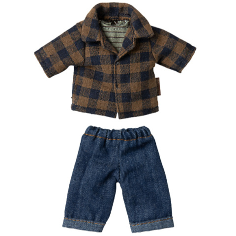 Maileg Ubranko - Brązowa koszula w kratę i spodnie | tata mysz