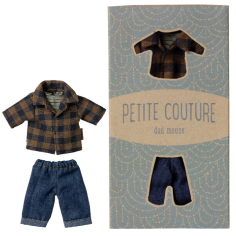 Maileg Ubranko - Brązowa koszula w kratę i spodnie | tata mysz